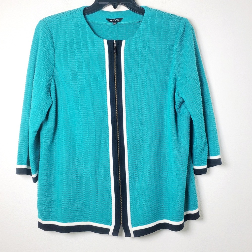 MISOOK Teal Zip Front Sweater Jacket Knit Blazer Black White Trim Size Large
